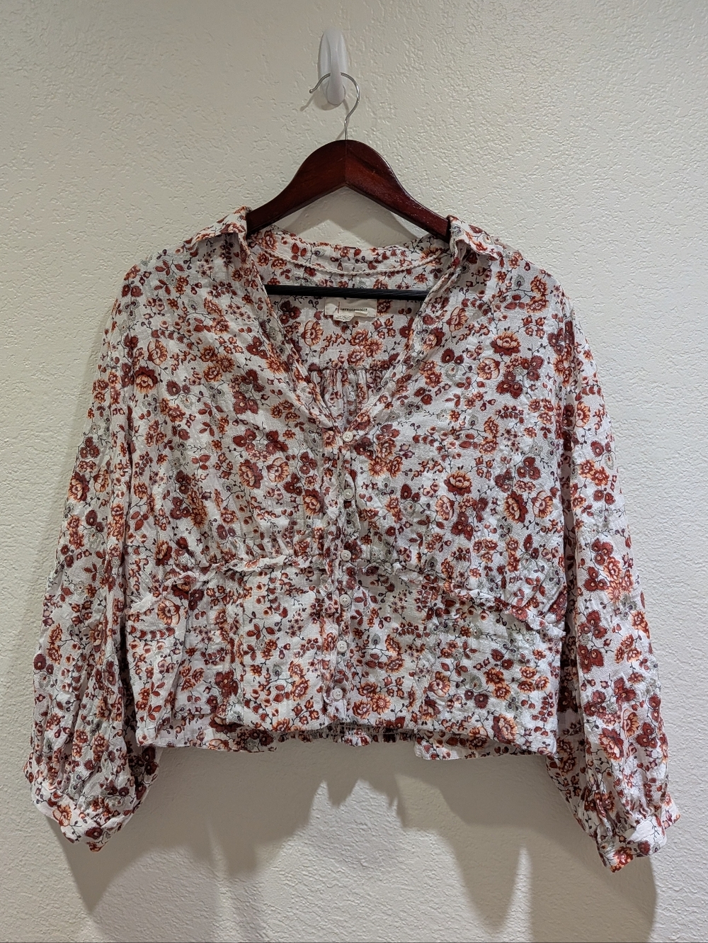 Anthropologie Floral Crop Long Sleeve Boho Peasant Top Button Front Size XL
